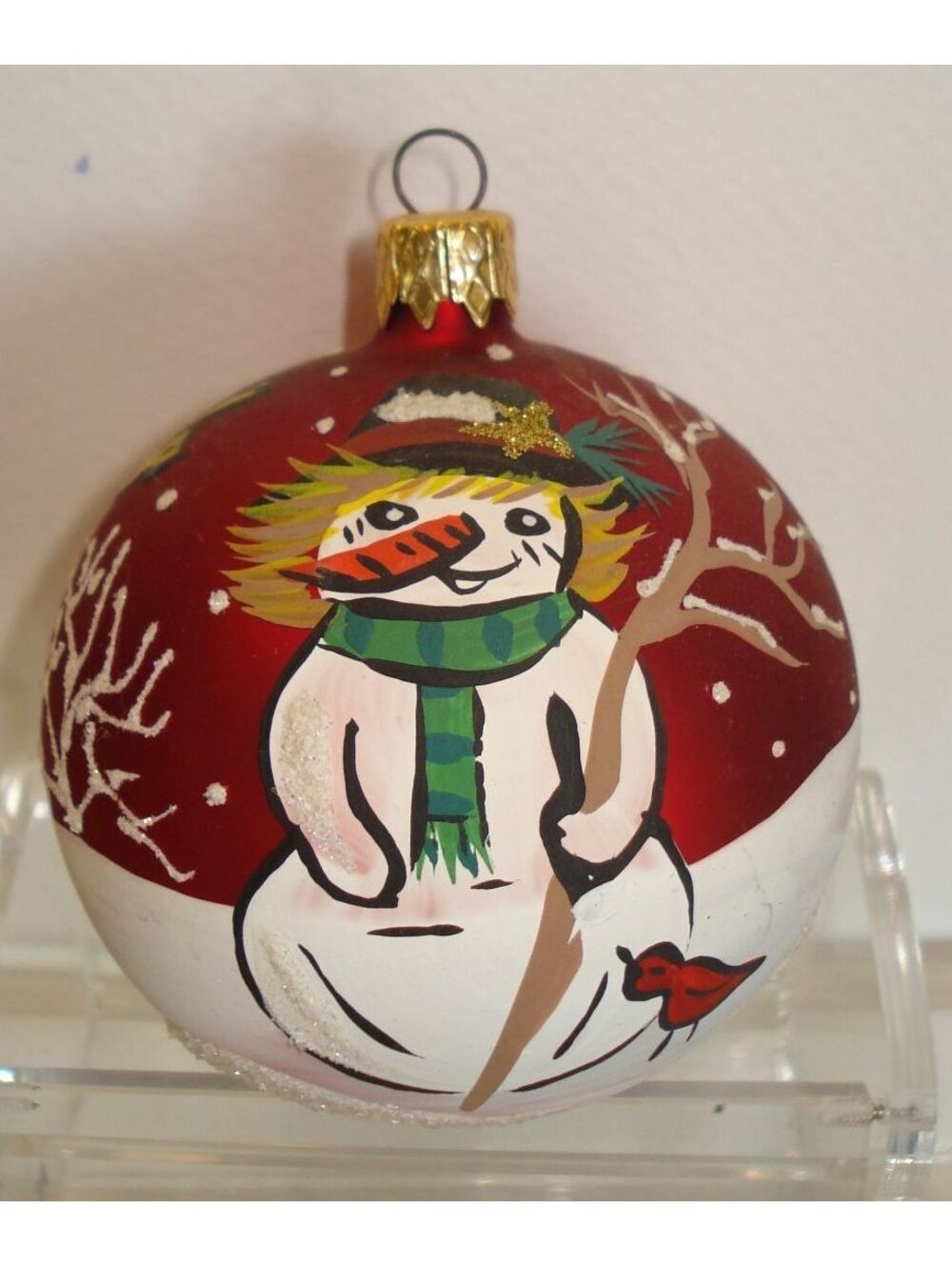 Vintage Hand Painted Snowman W/ House & Snow Scene Round Ball Glass Ornament
